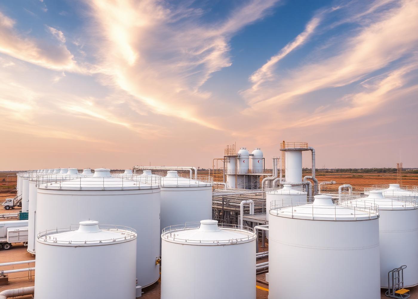 Bulk fuel storage depot with white cylindrical tanks under an African sky