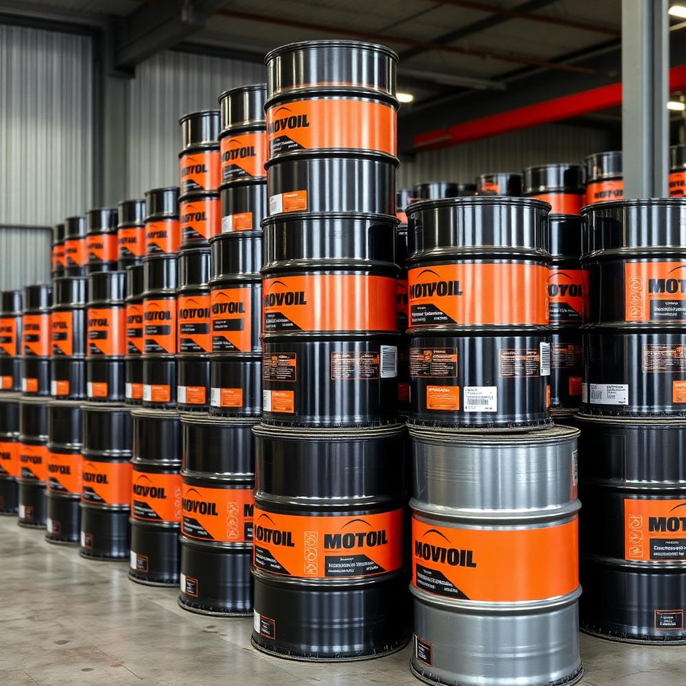 Stacked orange and black 210 litre lubricant drums in warehouse