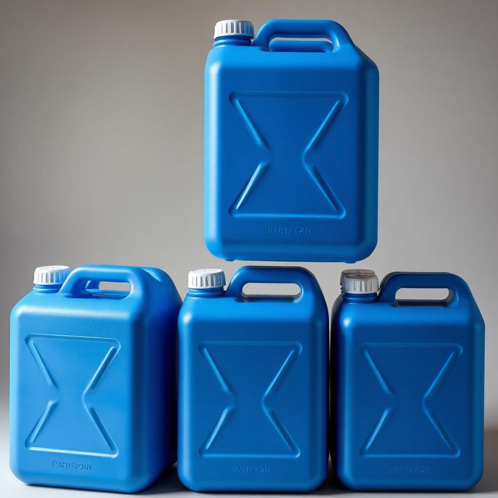 Blue plastic paraffin jerry cans stacked in a warehouse